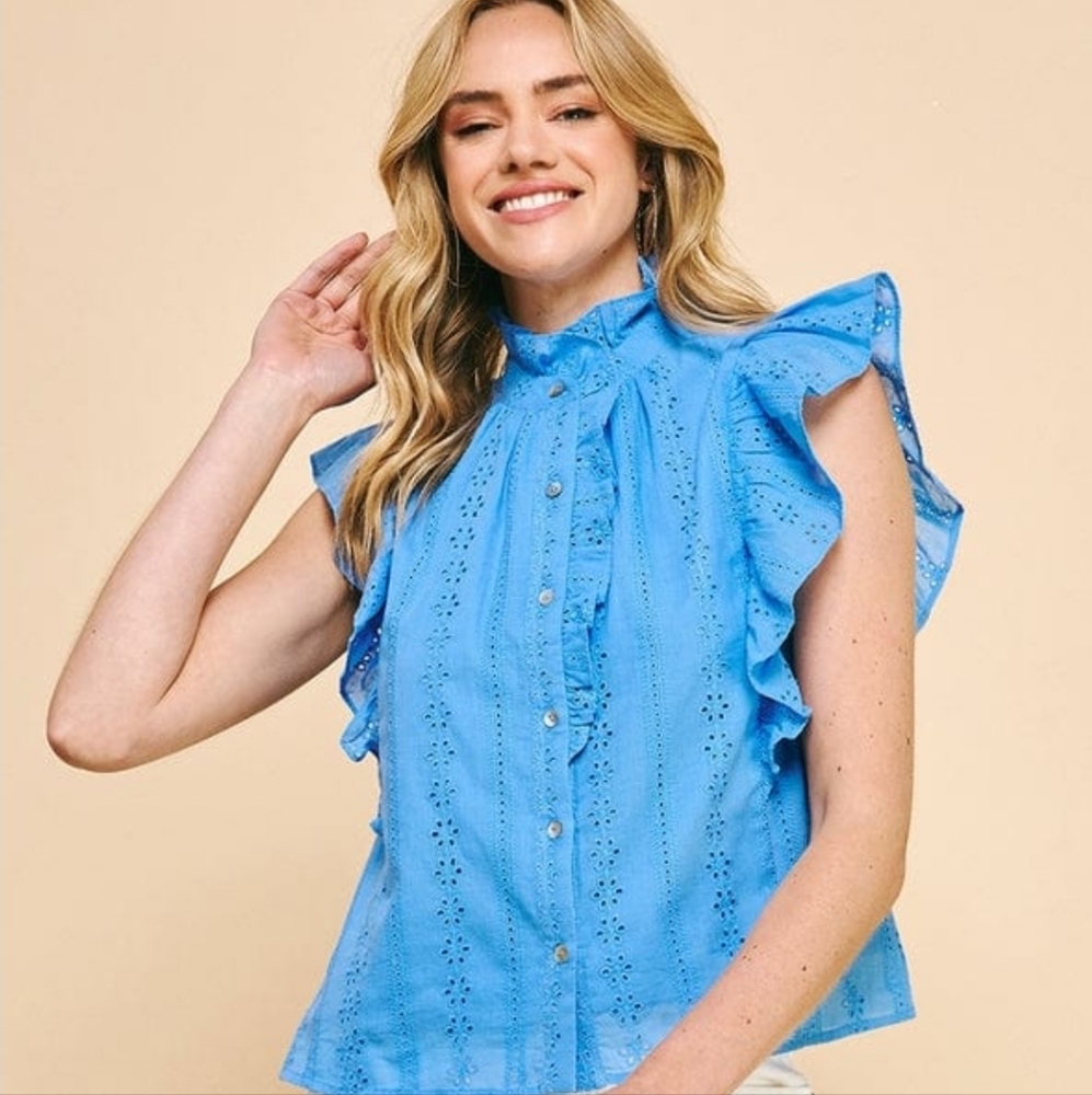 Pinch Blue Button Down Eyelet Flutter Sleeve Shirt Top Size Small - Picture 2 of 8